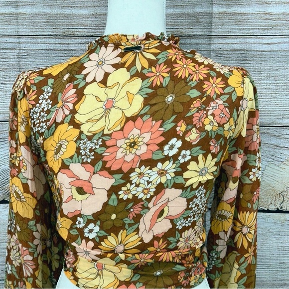 Billabong X The Salty Blonde Brown Floral Ruffled Tie-Front Blouse Size M - Picture 11 of 12